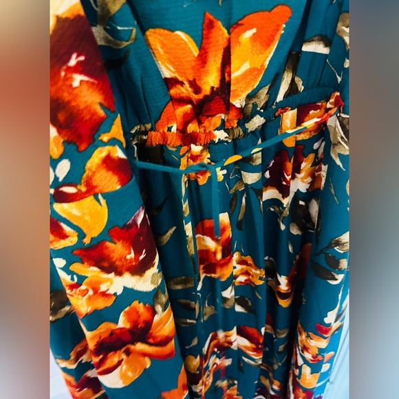 Teal Floral Print Off Shoulder Cinch Waist Flowing Dress - Picture 8 of 8